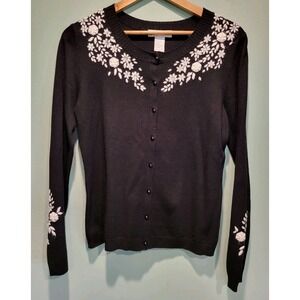 Vtg Black Ivory Floral Embroidered Rhinestone Cardigan Sweater Cottagecore Sz M